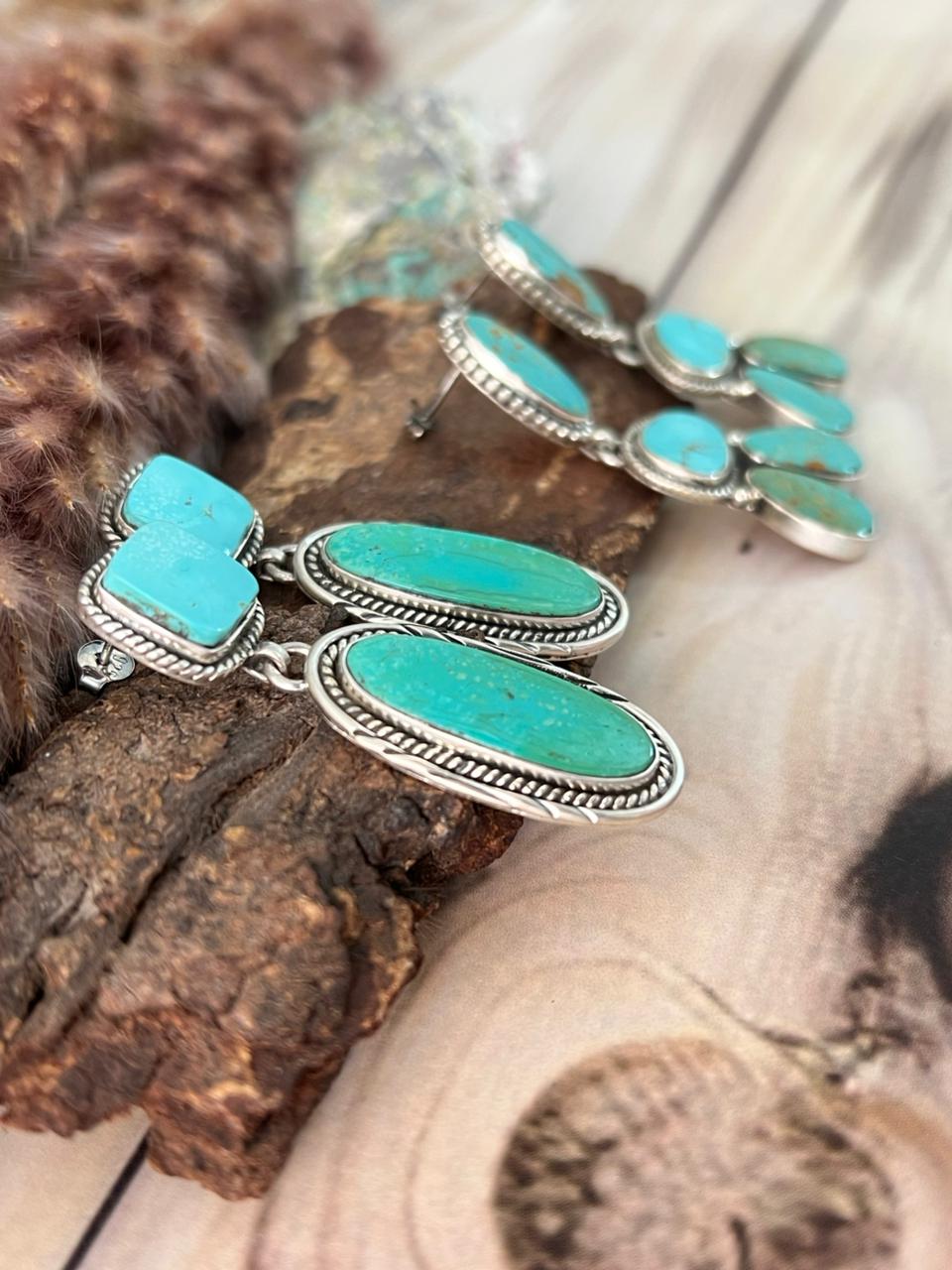 Handmade Sterling Silver Green Kingman Turquoise Collection: Post Dangle Earrings Signed Nizhoni