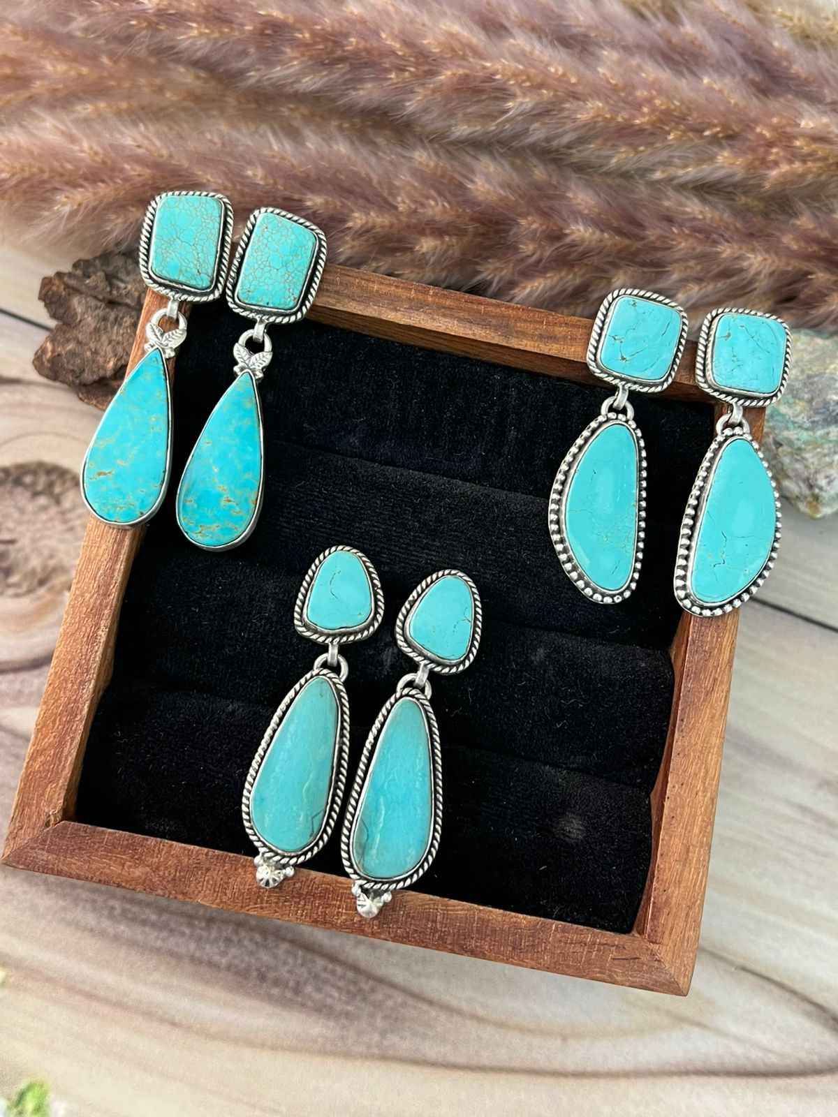 Handmade Sterling Silver Green Kingman Turquoise Collection: Post Dangle Earrings Signed Nizhoni