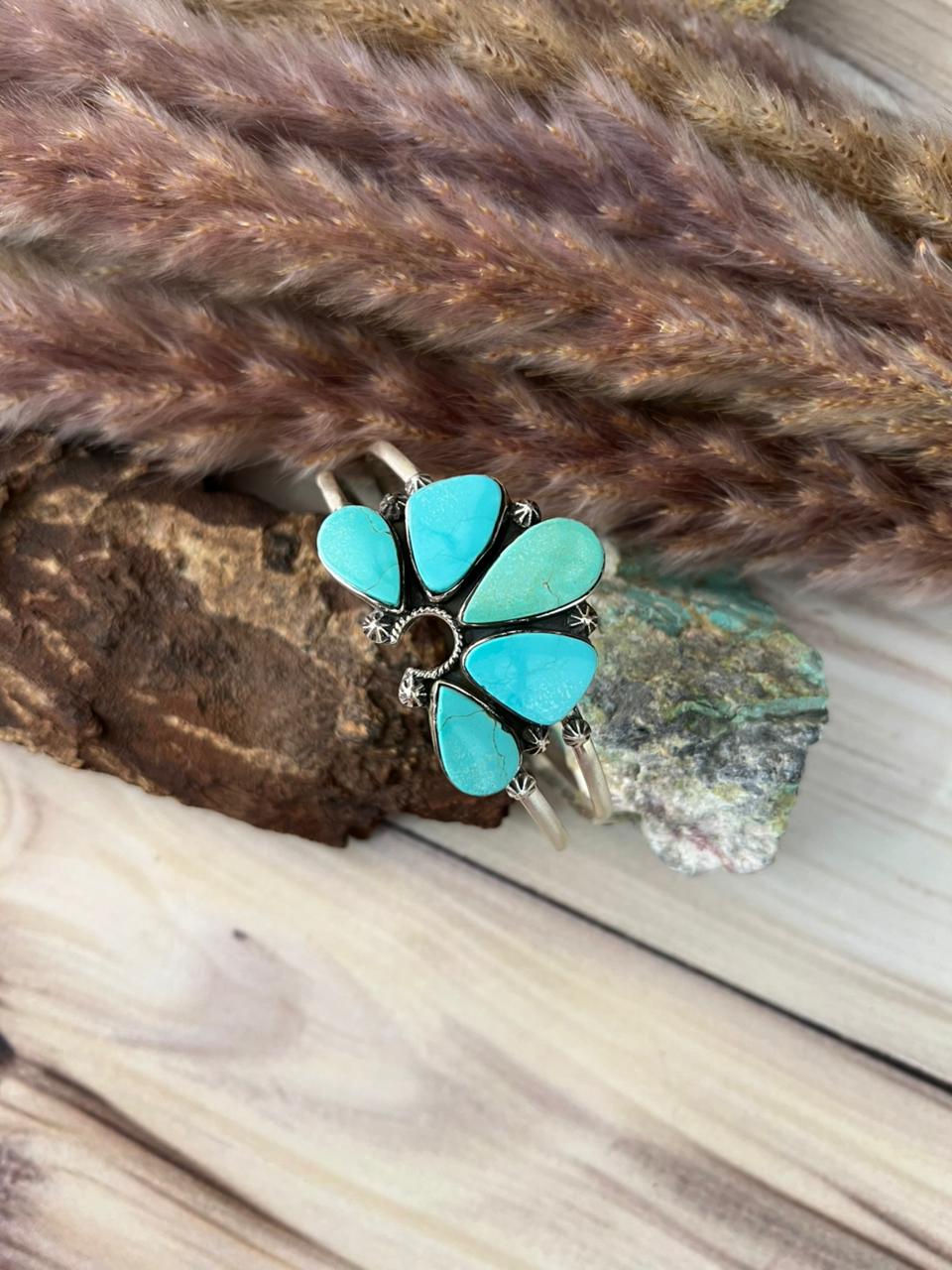Handmade Sterling Silver Green Kingman Turquoise Collection: Naja Cuff Bracelet Signed Nizhoni