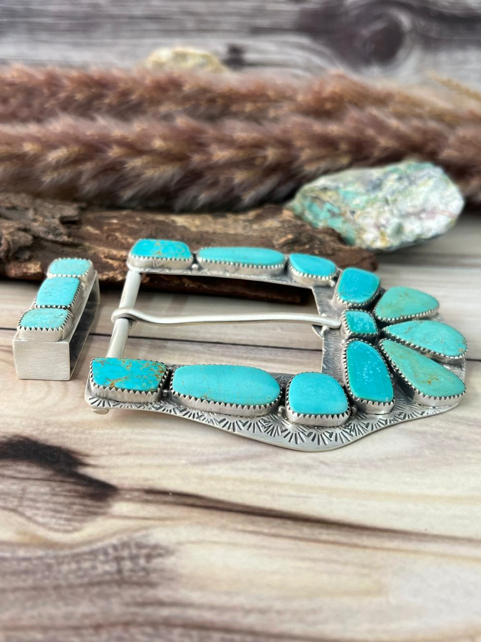 Handmade Sterling Silver Green Kingman Turquoise Collection: Belt Buckle Set Signed Nizhoni