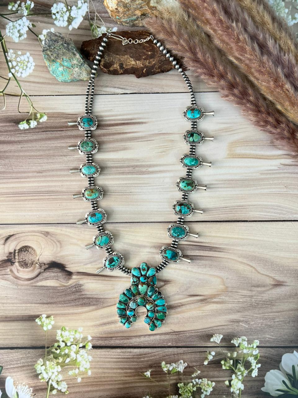 Handmade Sterling Silver Spider Web Turquoise Naja Beaded Squash Blossom Necklace Signed Nizhoni