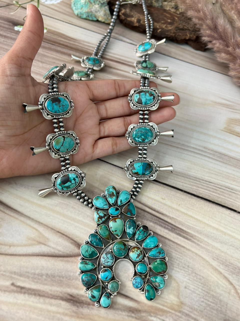Handmade Sterling Silver Spider Web Turquoise Naja Beaded Squash Blossom Necklace Signed Nizhoni