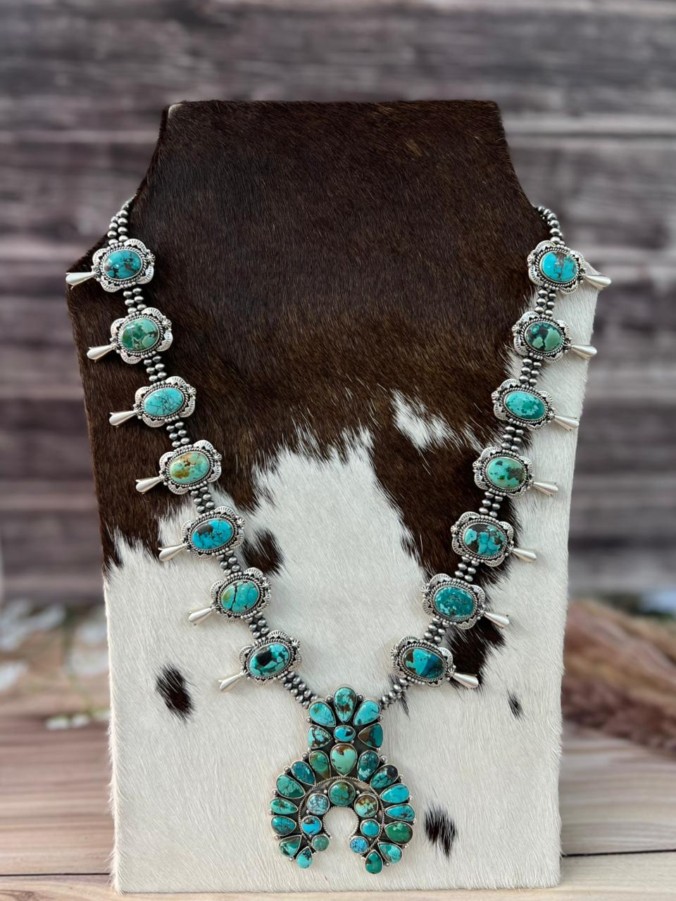 Handmade Sterling Silver Spider Web Turquoise Naja Beaded Squash Blossom Necklace Signed Nizhoni
