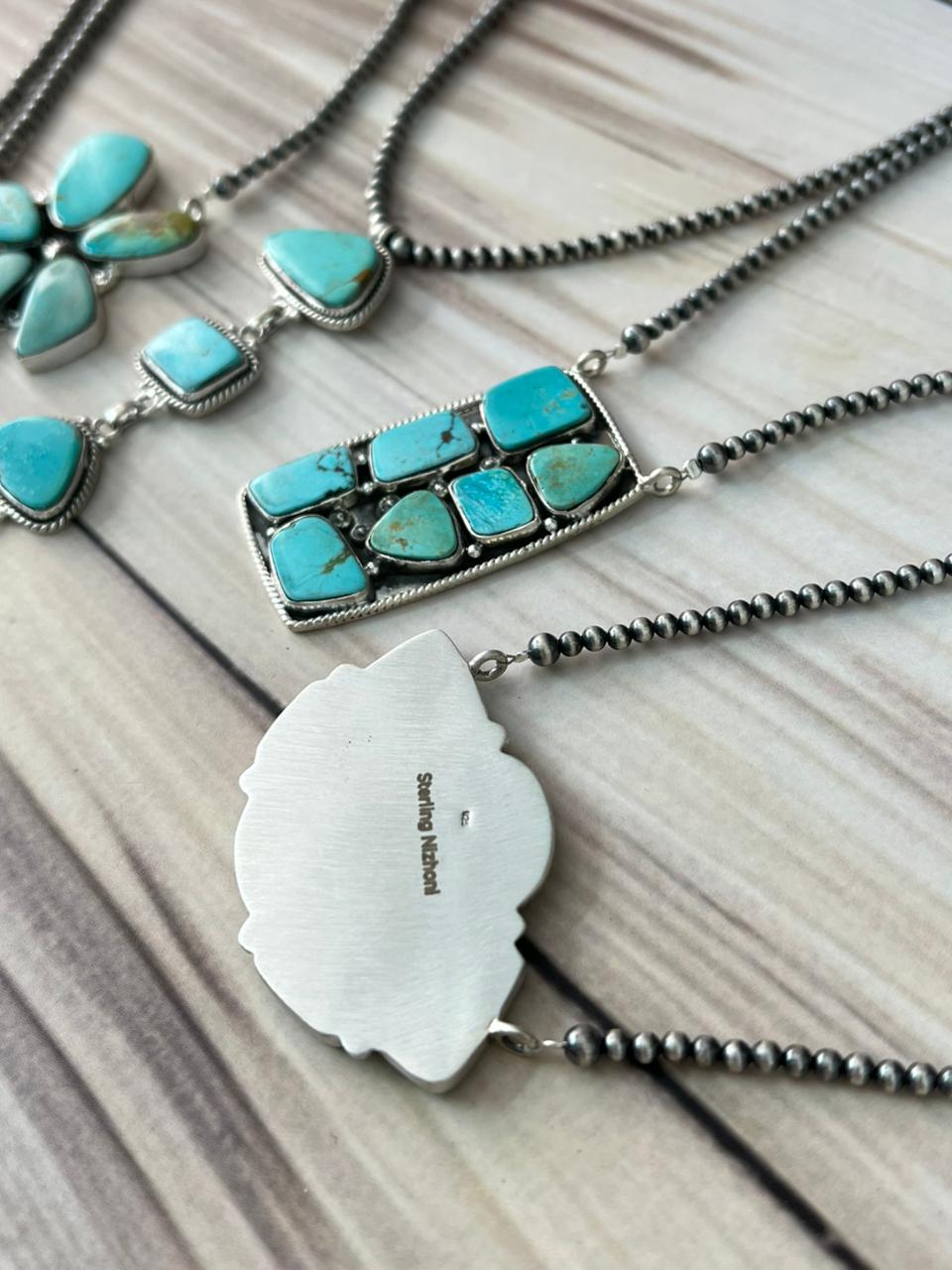 Handmade Sterling Silver Green Kingman Turquoise Collection: Beaded Necklace Signed Nizhoni