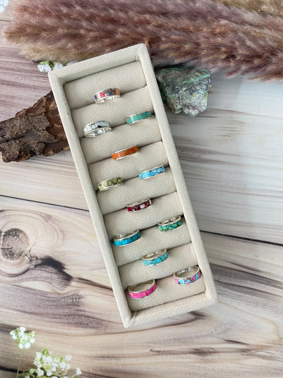Handmade Sterling Silver Desert Mosaic Stacker Inlay Kingman, Cotton Candy, Dahlia Rose, White Buffalo, Orange Mojave, Pink Dahlia, Hot Pink, Palomino, Golden Hills, Sonoran Mountain, Number 8 and Blue Kingman Turquoise Signed Nizhoni