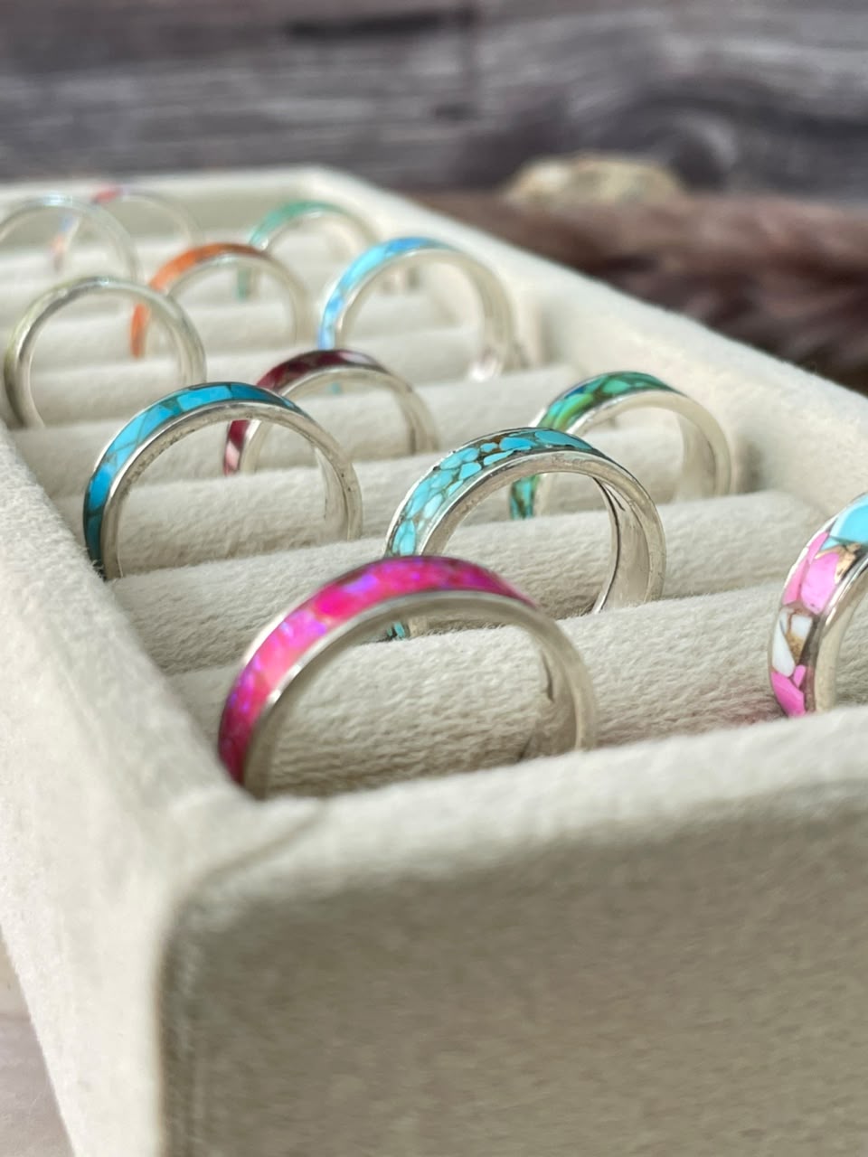 Handmade Sterling Silver Desert Mosaic Stacker Inlay Kingman, Cotton Candy, Dahlia Rose, White Buffalo, Orange Mojave, Pink Dahlia, Hot Pink, Palomino, Golden Hills, Sonoran Mountain, Number 8 and Blue Kingman Turquoise Signed Nizhoni