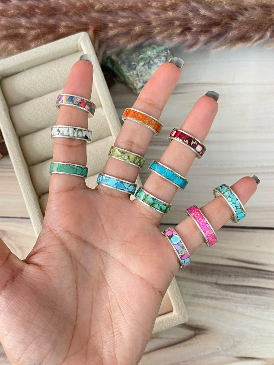 Handmade Sterling Silver Desert Mosaic Stacker Inlay Kingman, Cotton Candy, Dahlia Rose, White Buffalo, Orange Mojave, Pink Dahlia, Hot Pink, Palomino, Golden Hills, Sonoran Mountain, Number 8 and Blue Kingman Turquoise Signed Nizhoni
