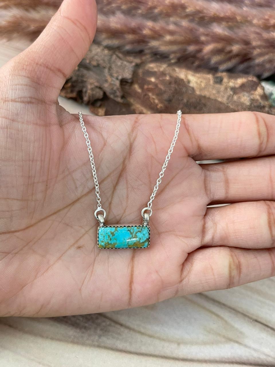 Handmade Sterling Silver Kingman Turquoise Bar Necklace Signed Nizhoni