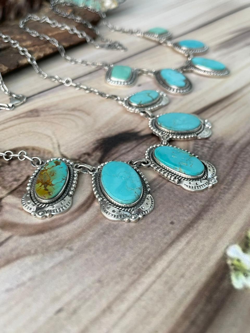 Handmade Sterling Silver Green Kingman Turquoise Collection: Necklace Signed Nizhoni