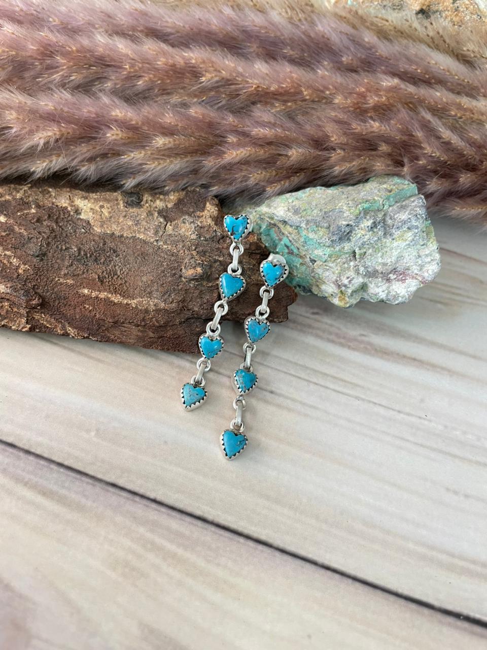 Handmade Sterling Silver Blue Kingman Turquoise Post Dangle Earrings Signed Nizhoni