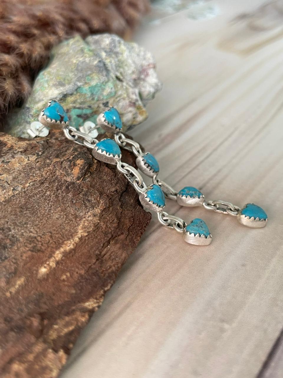 Handmade Sterling Silver Blue Kingman Turquoise Post Dangle Earrings Signed Nizhoni