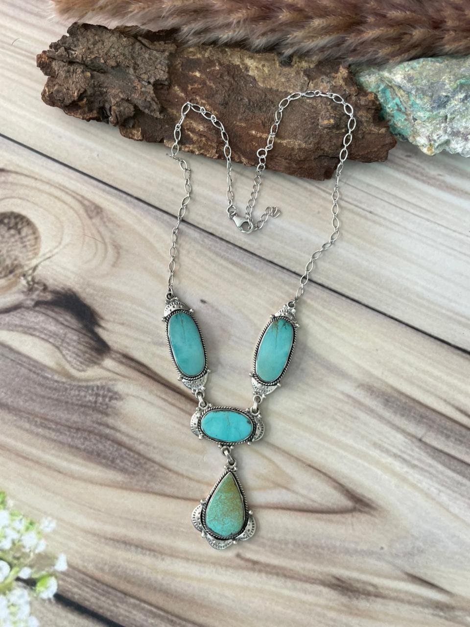 Handmade Sterling Silver Green Kingman Turquoise Collection: Necklace Signed Nizhoni