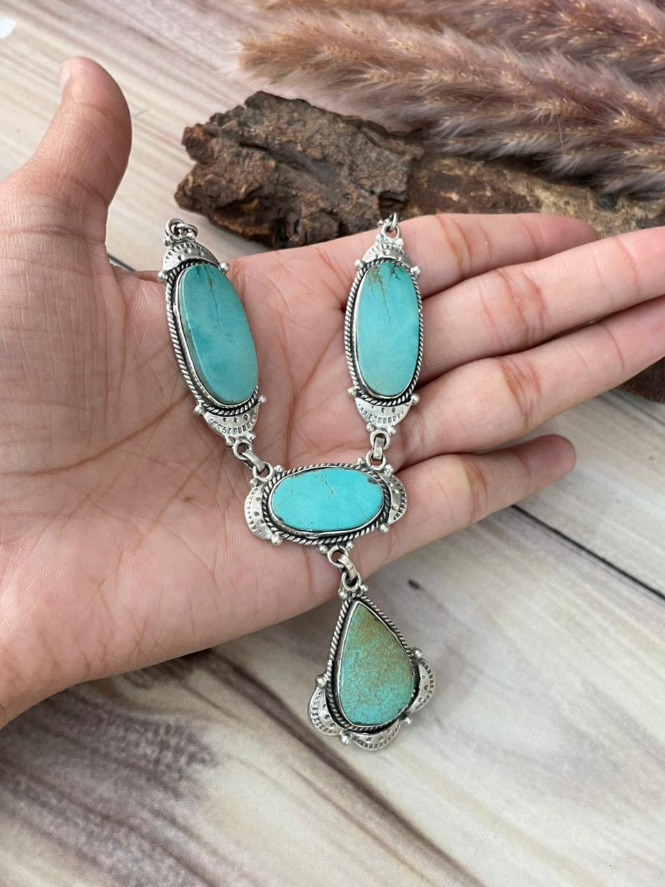 Handmade Sterling Silver Green Kingman Turquoise Collection: Necklace Signed Nizhoni