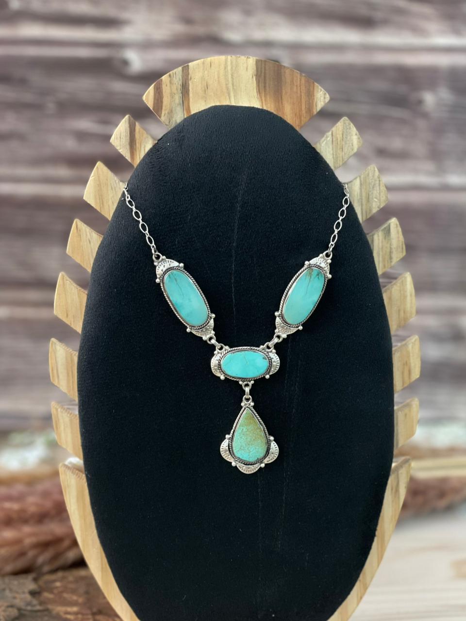 Handmade Sterling Silver Green Kingman Turquoise Collection: Necklace Signed Nizhoni