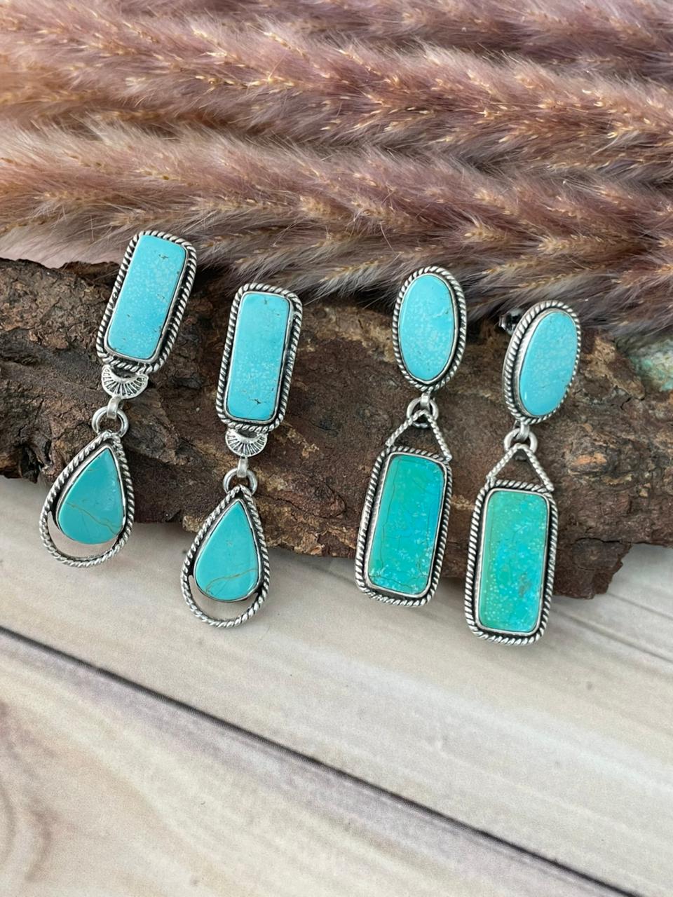 Handmade Sterling Silver Green Kingman Turquoise Collection: Post Dangle Earrings Signed Nizhoni