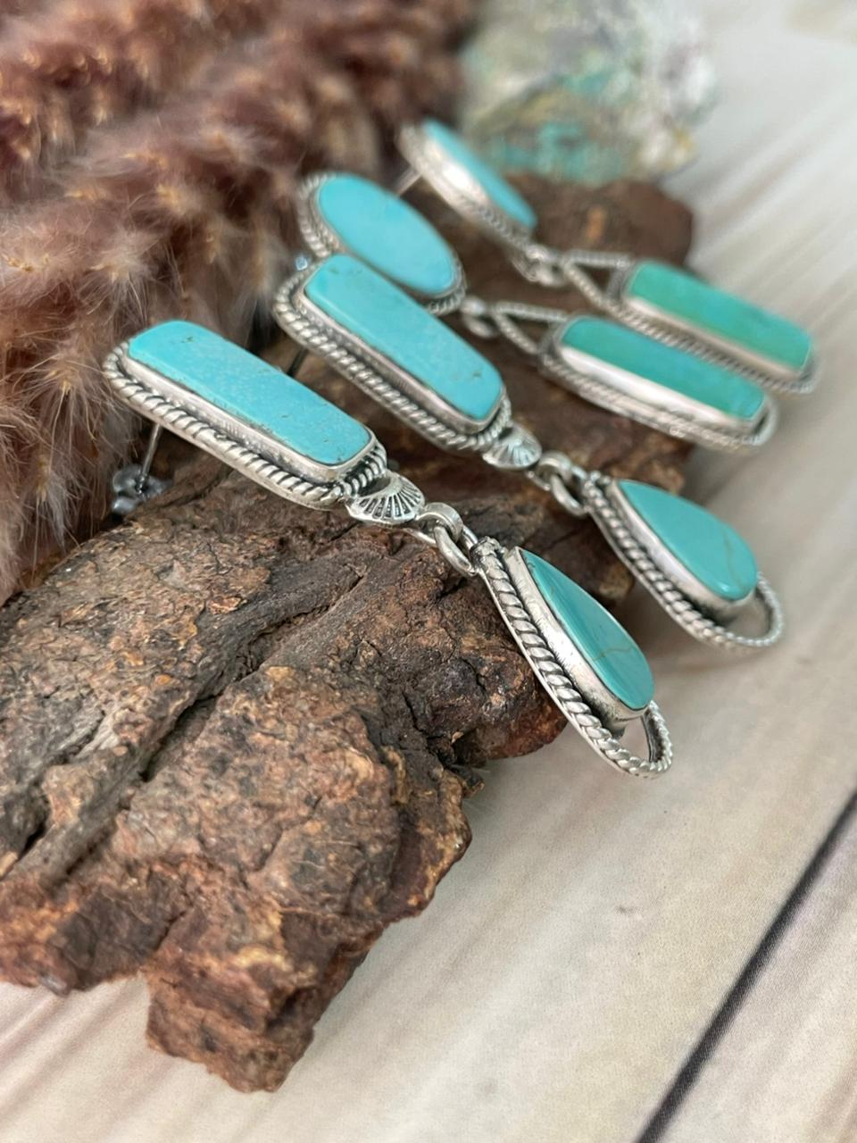 Handmade Sterling Silver Green Kingman Turquoise Collection: Post Dangle Earrings Signed Nizhoni
