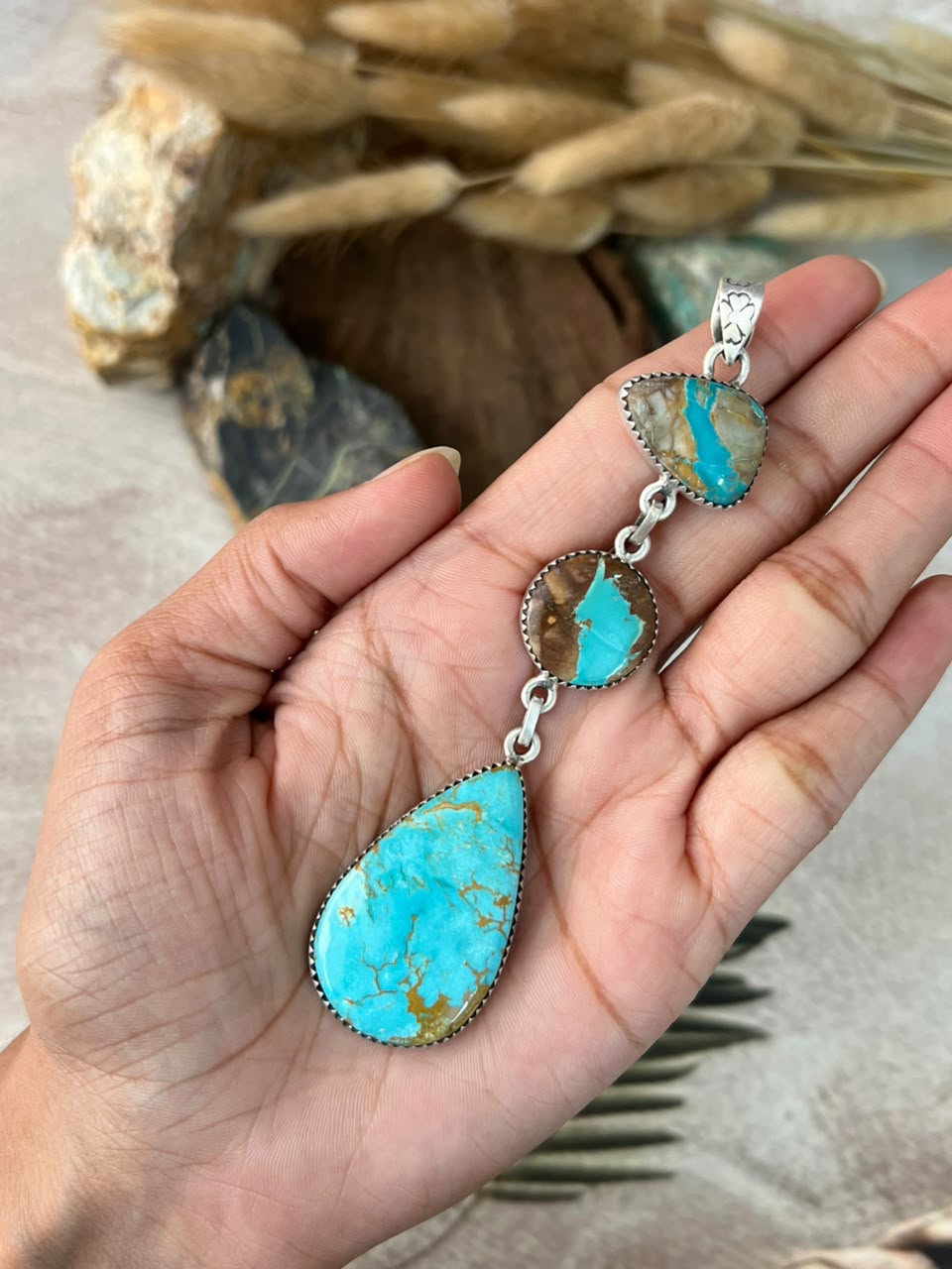 Handmade Sterling Silver Royston Ribbon Turquoise Pendant Signed Nizhoni