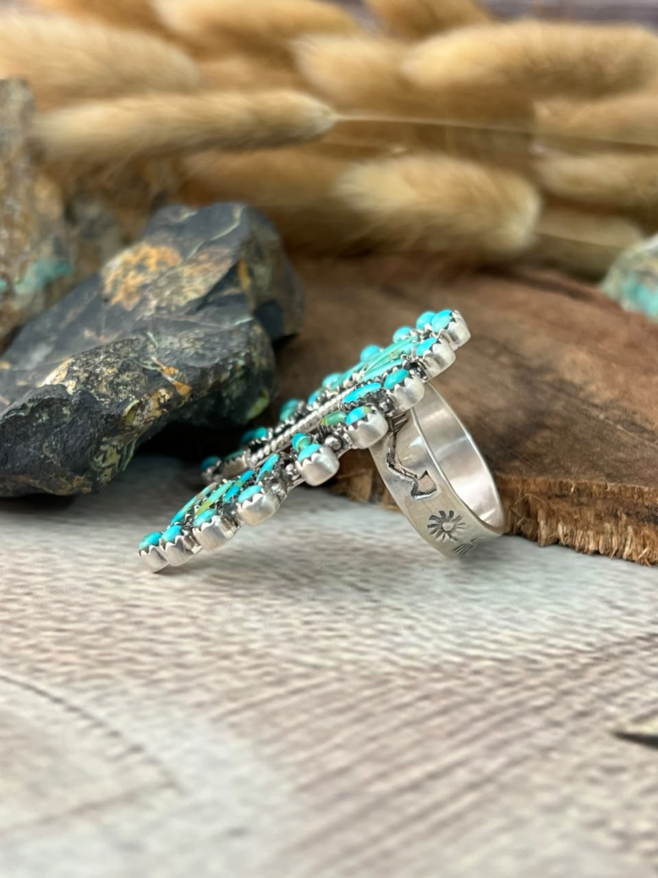 Handmade Sterling Silver Kingman Turquoise Naja Adjustable Ring Signed Nizhoni