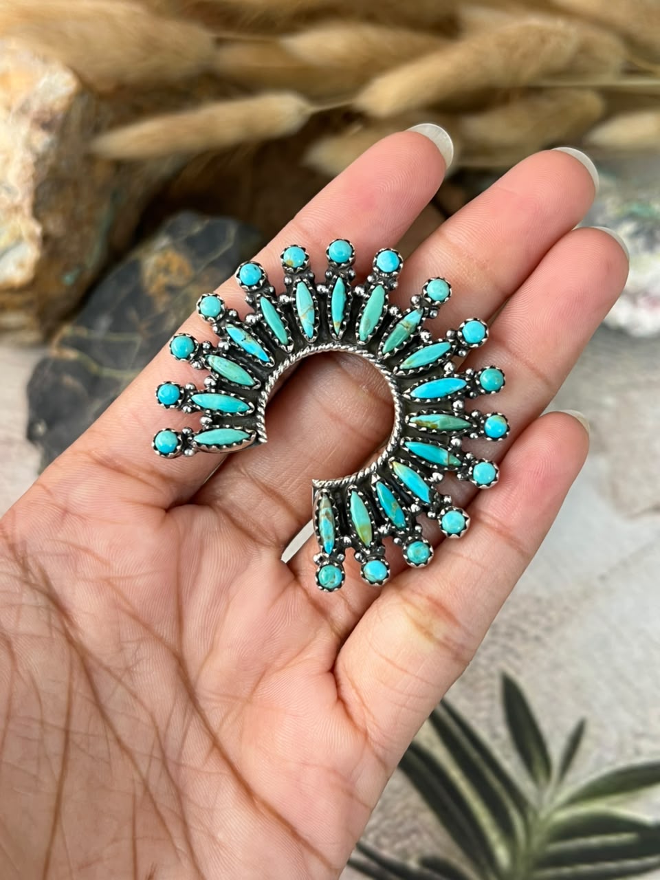 Handmade Sterling Silver Kingman Turquoise Naja Adjustable Ring Signed Nizhoni