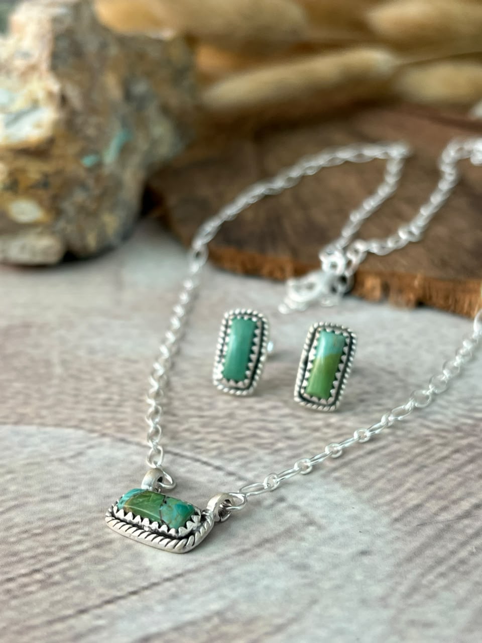 Handmade Sterling Silver Kingman Turquoise Necklace and Earrings Set Signed Nizhoni