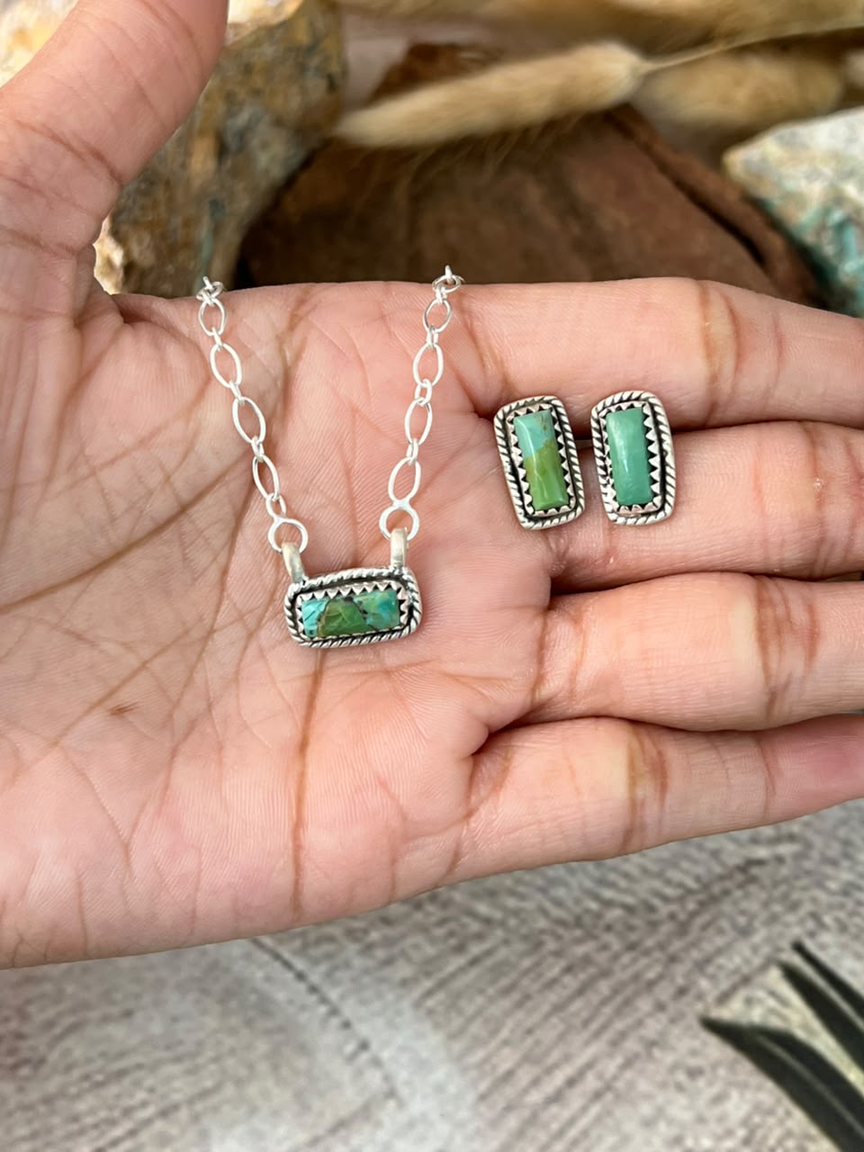 Handmade Sterling Silver Kingman Turquoise Necklace and Earrings Set Signed Nizhoni