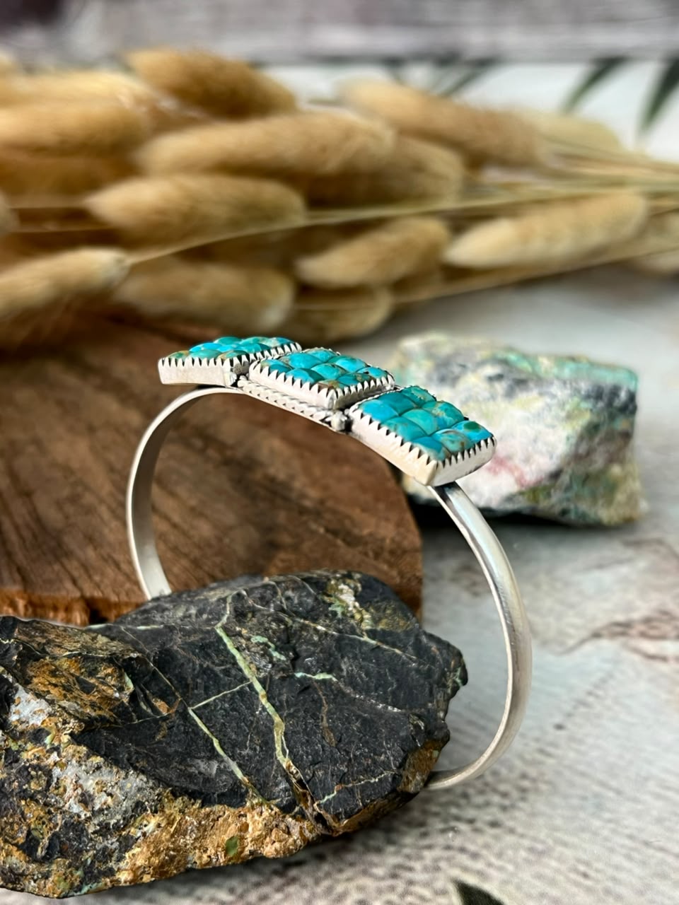 Handmade Sterling Silver Kingman Turquoise Cobble Stone Cuff Bracelet Signed Nizhoni (3)