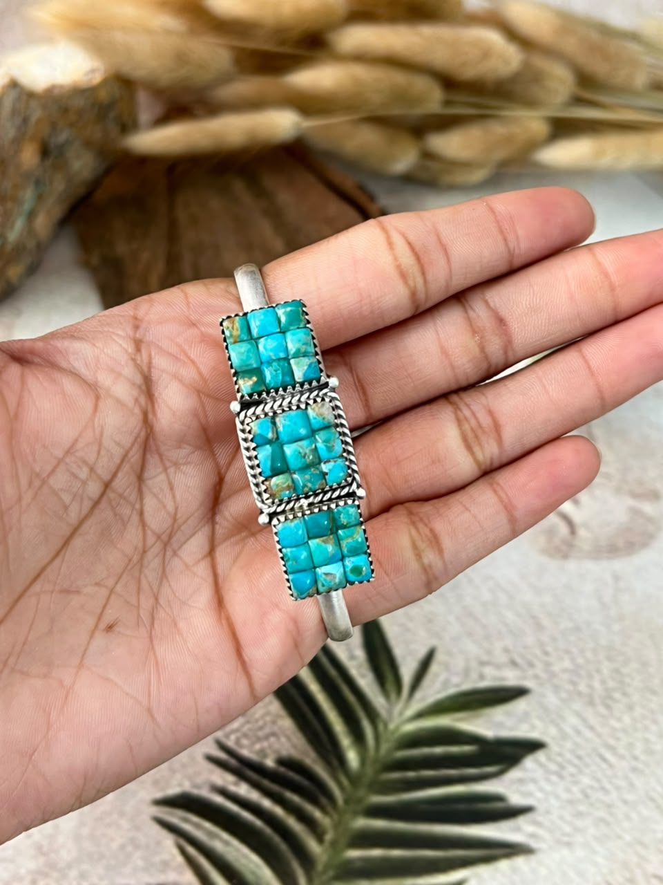 Handmade Sterling Silver Kingman Turquoise Cobble Stone Cuff Bracelet Signed Nizhoni (3)