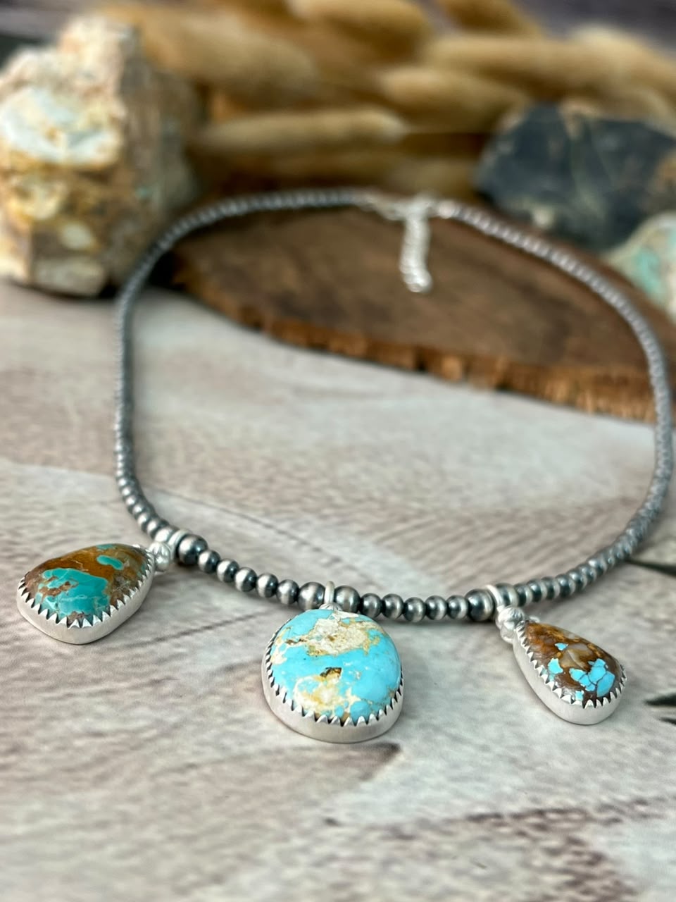 Handmade Sterling Silver Royston Ribbon Turquoise Beaded Necklace Signed Nizhoni