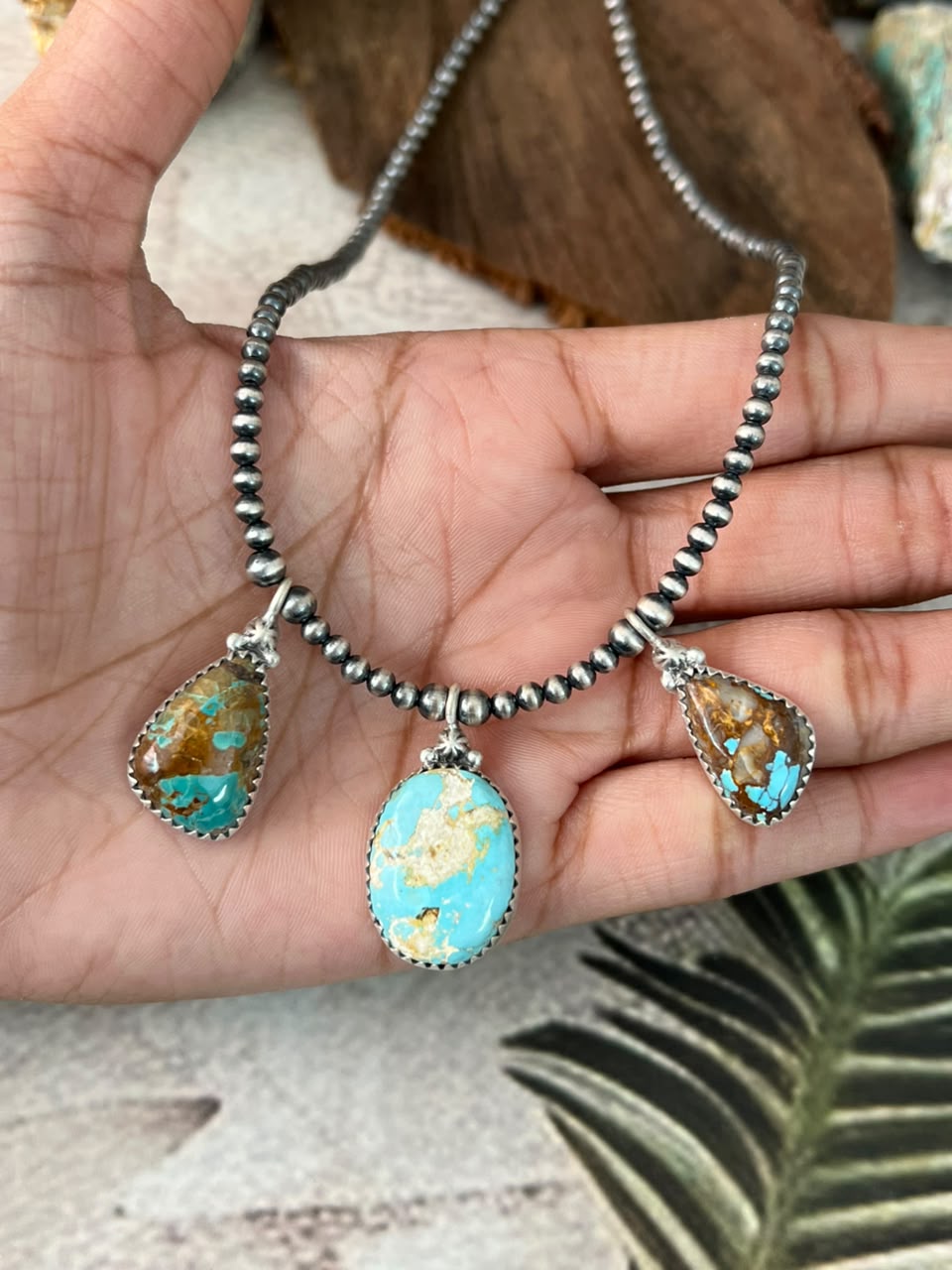 Handmade Sterling Silver Royston Ribbon Turquoise Beaded Necklace Signed Nizhoni