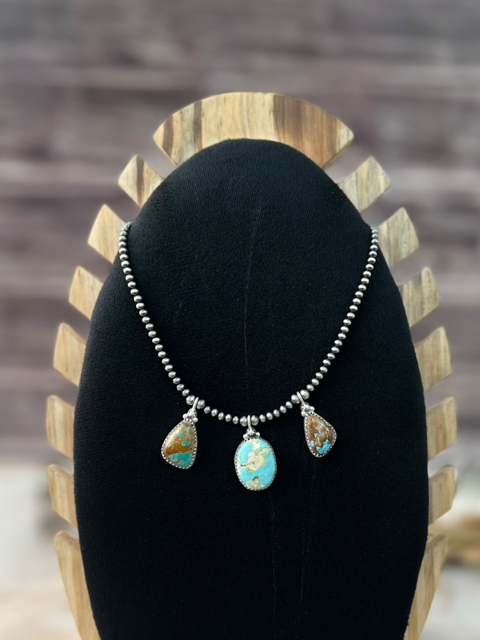 Handmade Sterling Silver Royston Ribbon Turquoise Beaded Necklace Signed Nizhoni