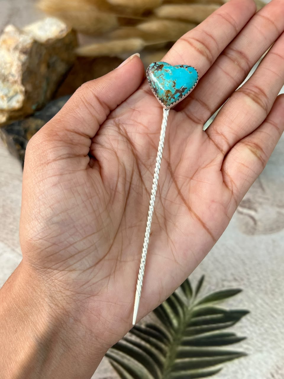Handmade Sterling Silver Kingman Turquoise Heart Hair Pin Signed Nizhoni