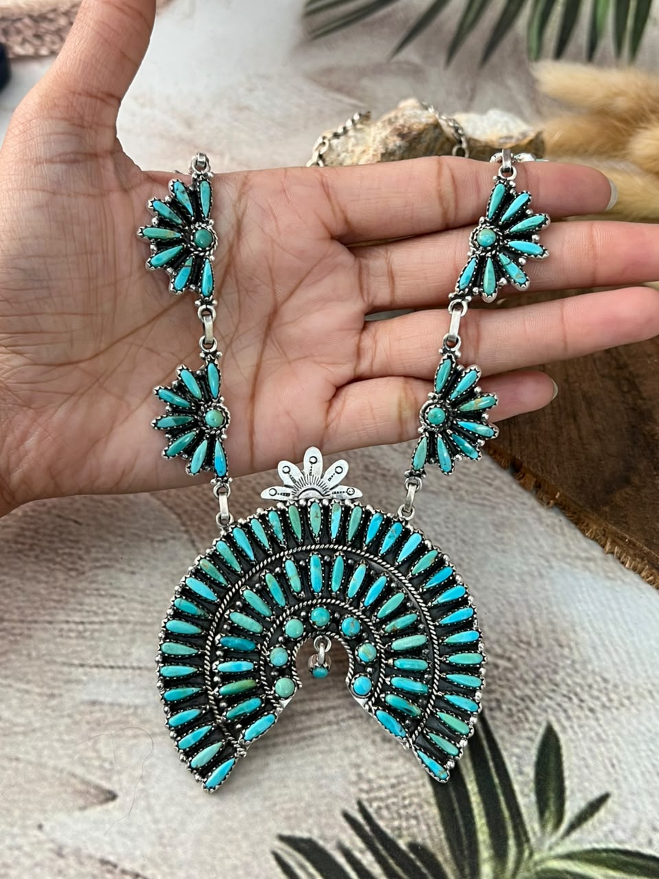 Handmade Sterling Silver Kingman Turquoise Naja Necklace Signed Nizhoni