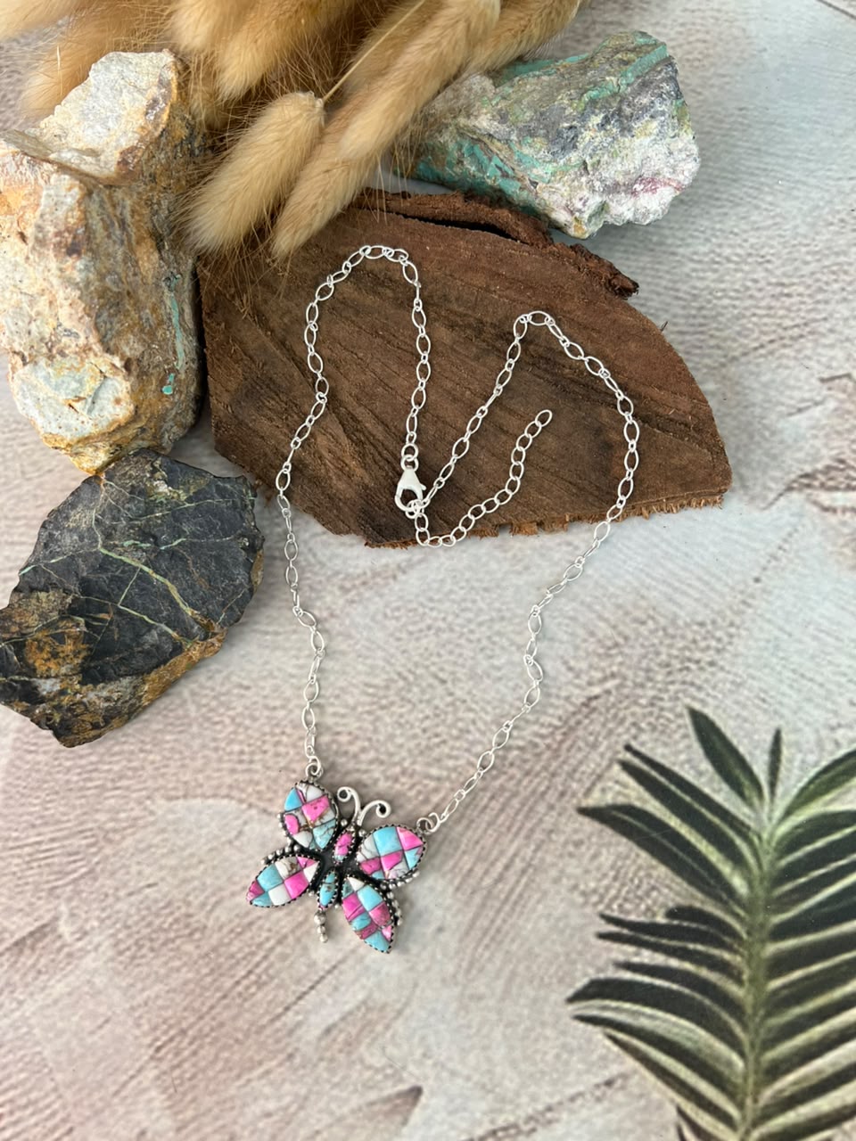 Handmade Sterling Silver Cotton Candy Cobble Stone Butterfly Necklace Signed Nizhoni