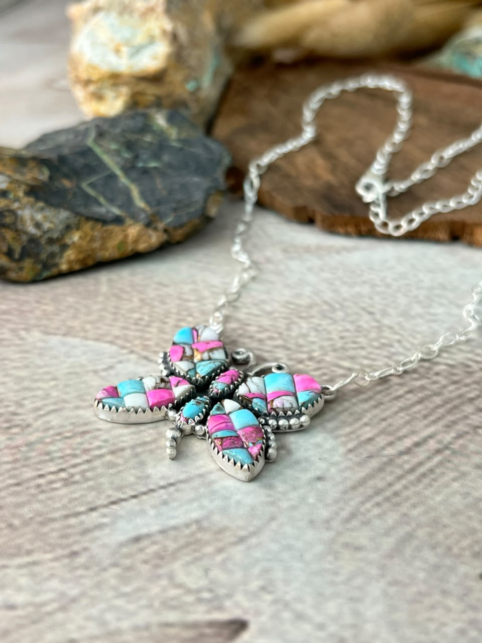 Handmade Sterling Silver Cotton Candy Cobble Stone Butterfly Necklace Signed Nizhoni