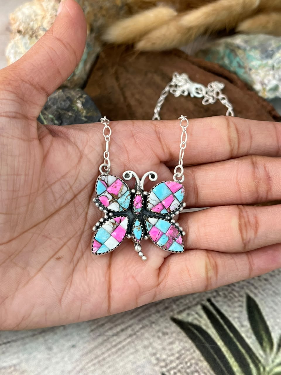 Handmade Sterling Silver Cotton Candy Cobble Stone Butterfly Necklace Signed Nizhoni