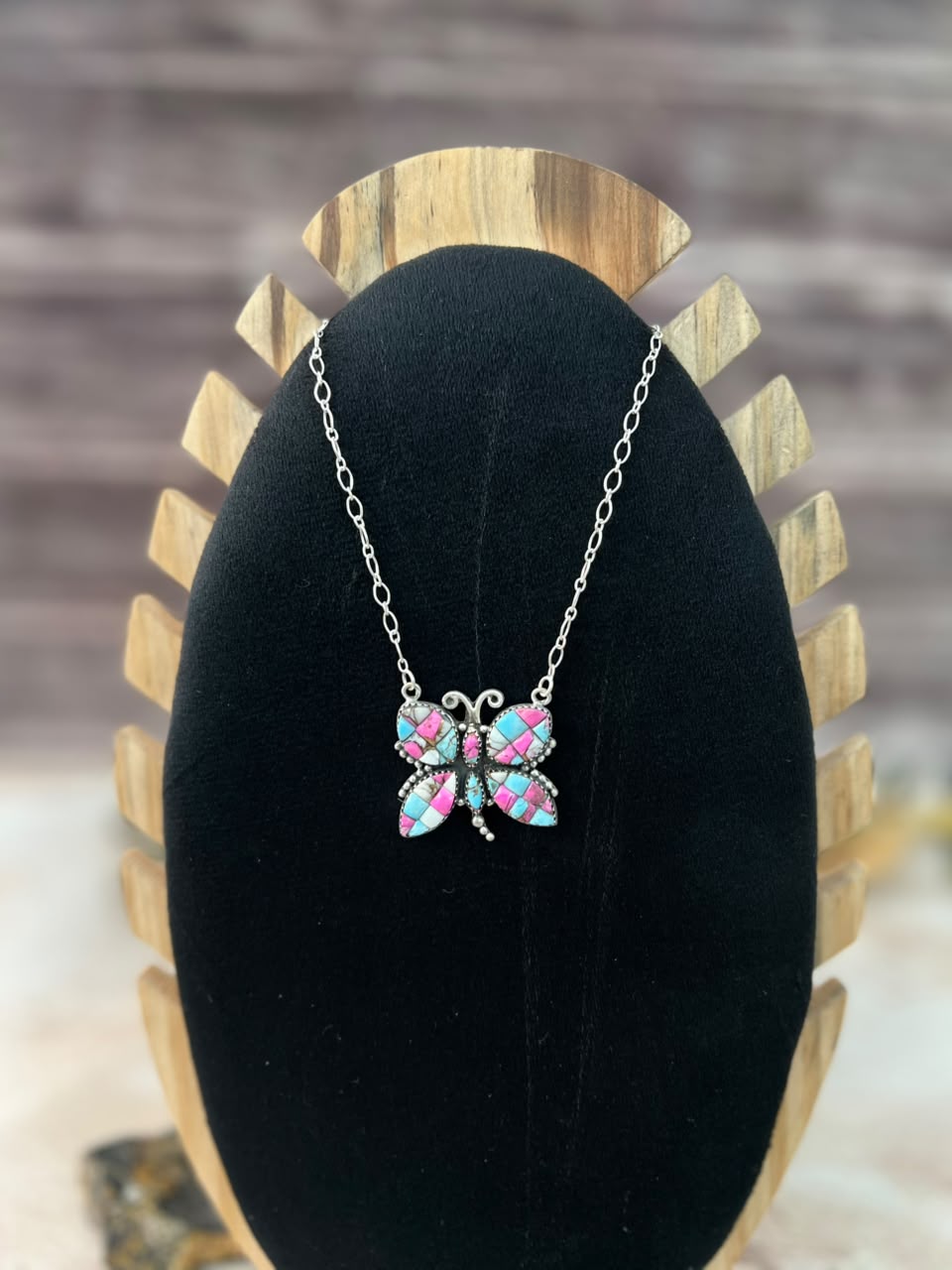Handmade Sterling Silver Cotton Candy Cobble Stone Butterfly Necklace Signed Nizhoni