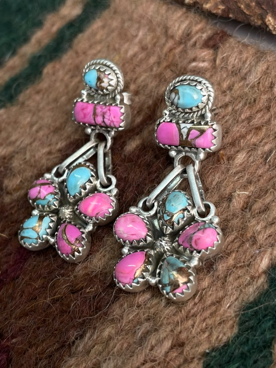 Handmade Sterling Silver Cotton Candy Post Dangle Earrings Signed Nizhoni