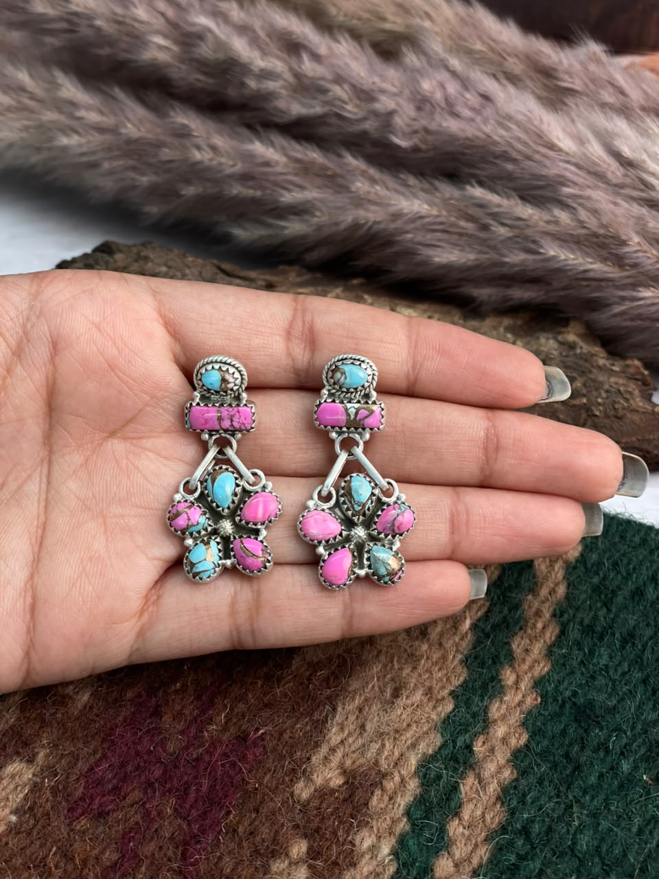 Handmade Sterling Silver Cotton Candy Post Dangle Earrings Signed Nizhoni