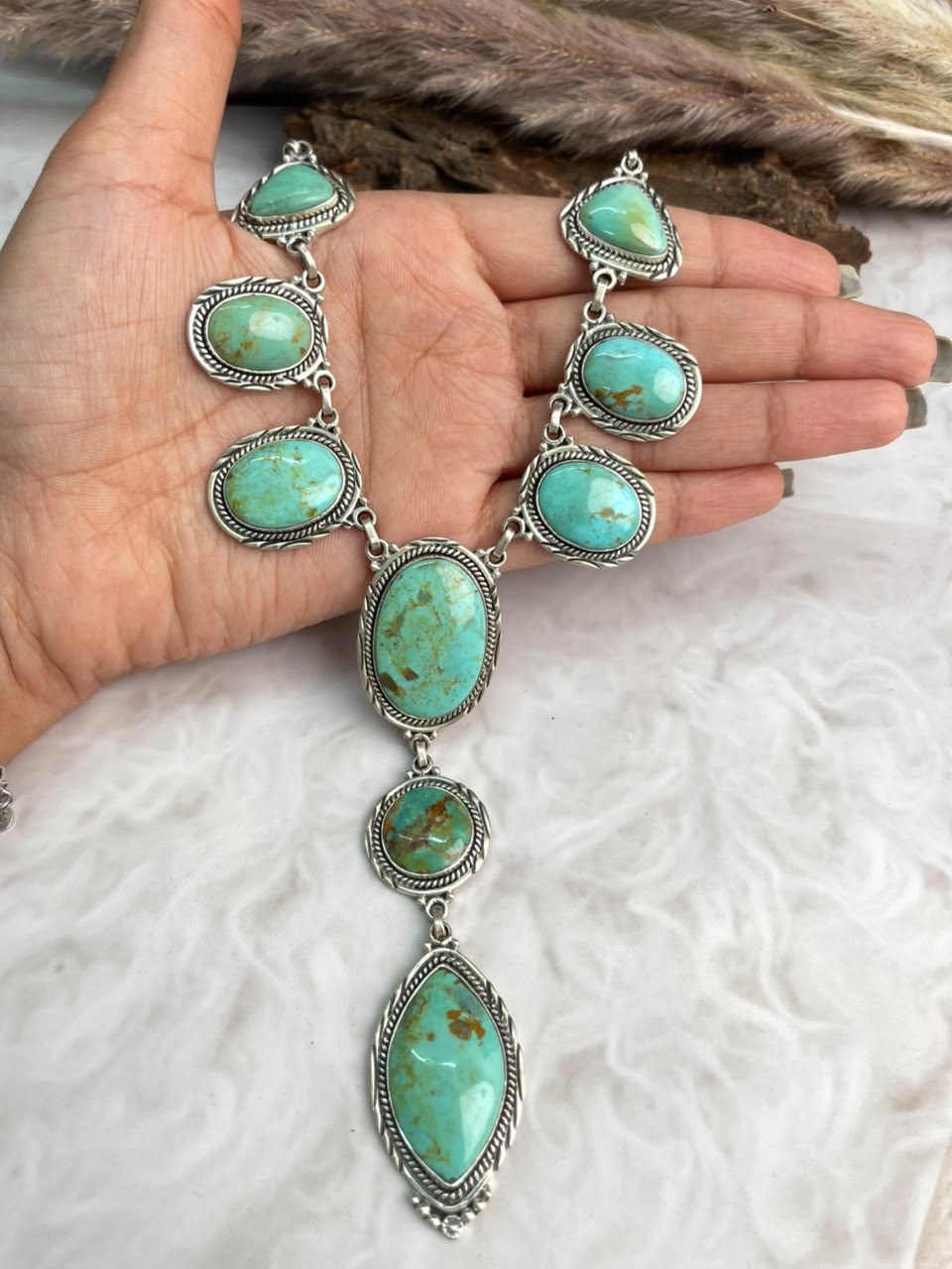 Handmade Sterling Silver Carico Lake Turquoise Drop Necklace Signed Nizhoni
