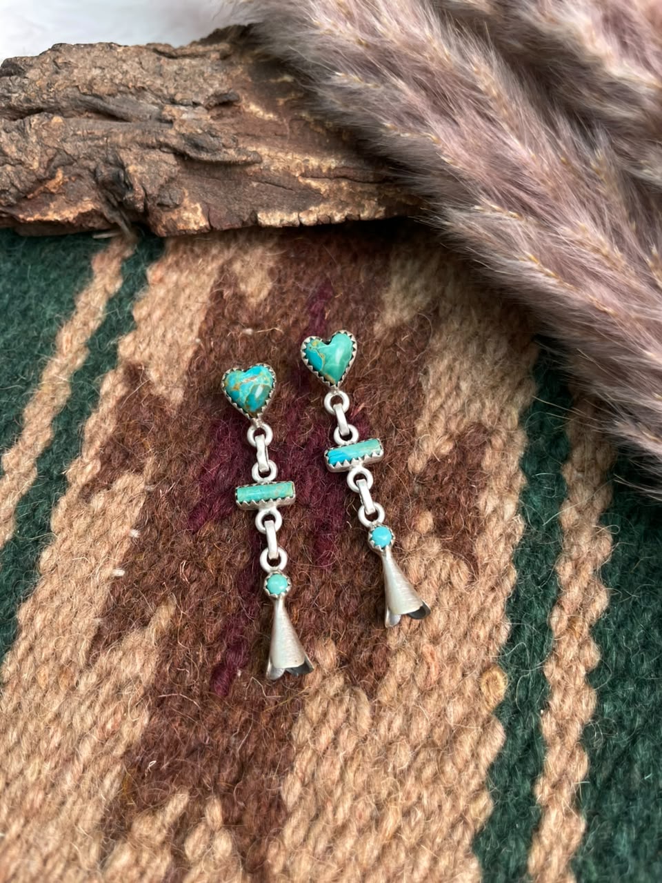 Handmade Sterling Silver Kingman Turquoise Post Squash Blossom Dangle Earrings Signed Nizhoni