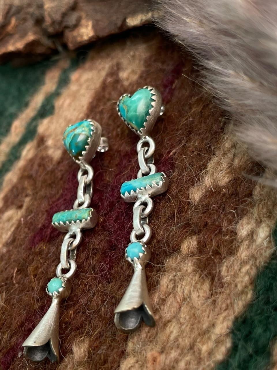 Handmade Sterling Silver Kingman Turquoise Post Squash Blossom Dangle Earrings Signed Nizhoni