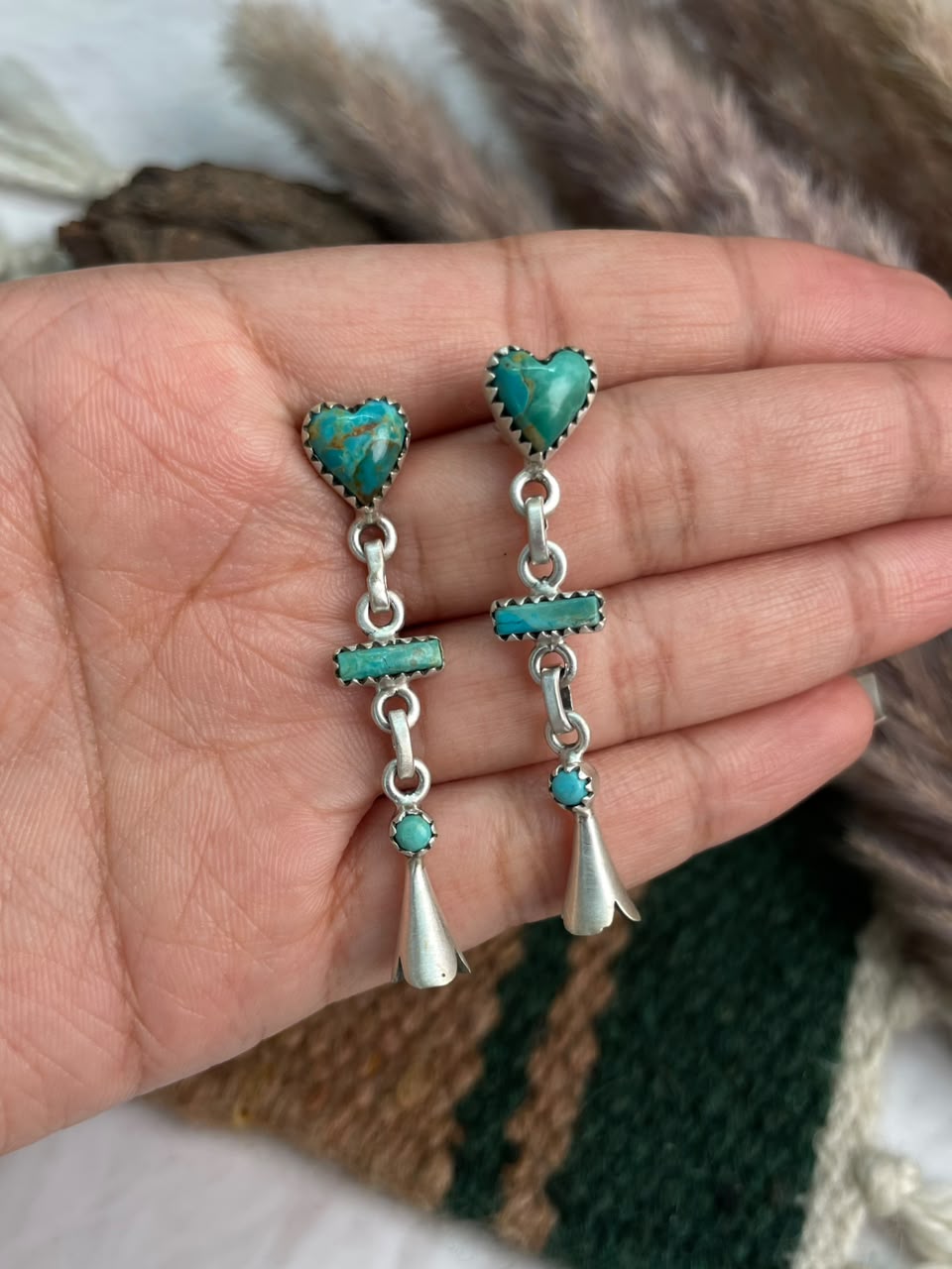 Handmade Sterling Silver Kingman Turquoise Post Squash Blossom Dangle Earrings Signed Nizhoni