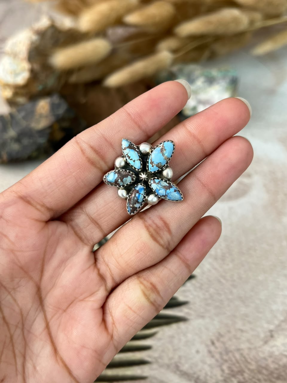Handmade Sterling Silver Golden Hills Turquoise Adjustable Ring Signed Nizhoni