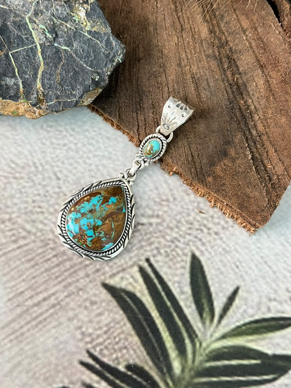 Handmade Sterling Silver Royston Ribbon Turquoise Pendant Signed Nizhoni