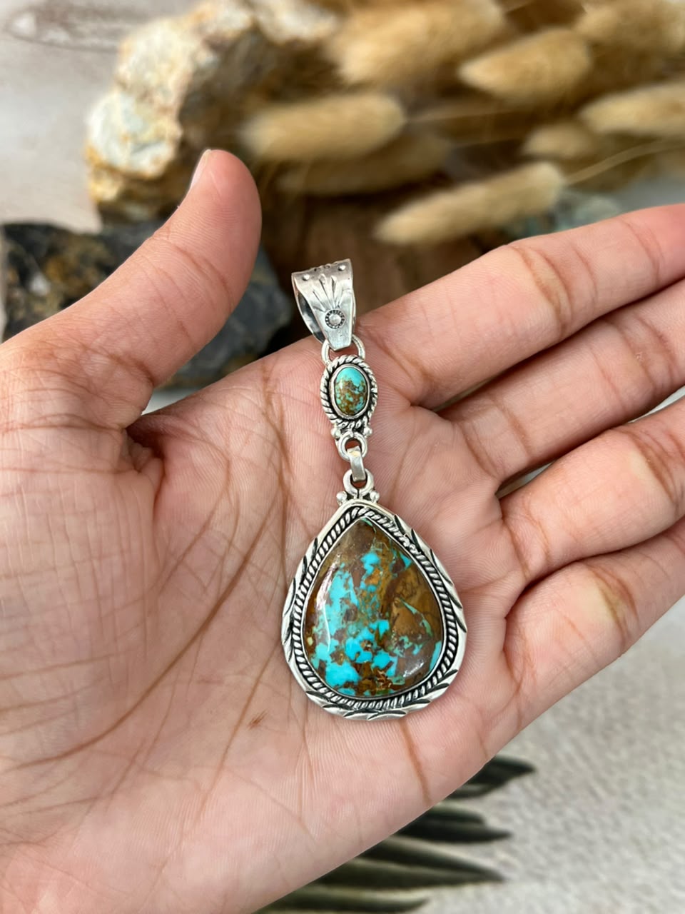 Handmade Sterling Silver Royston Ribbon Turquoise Pendant Signed Nizhoni