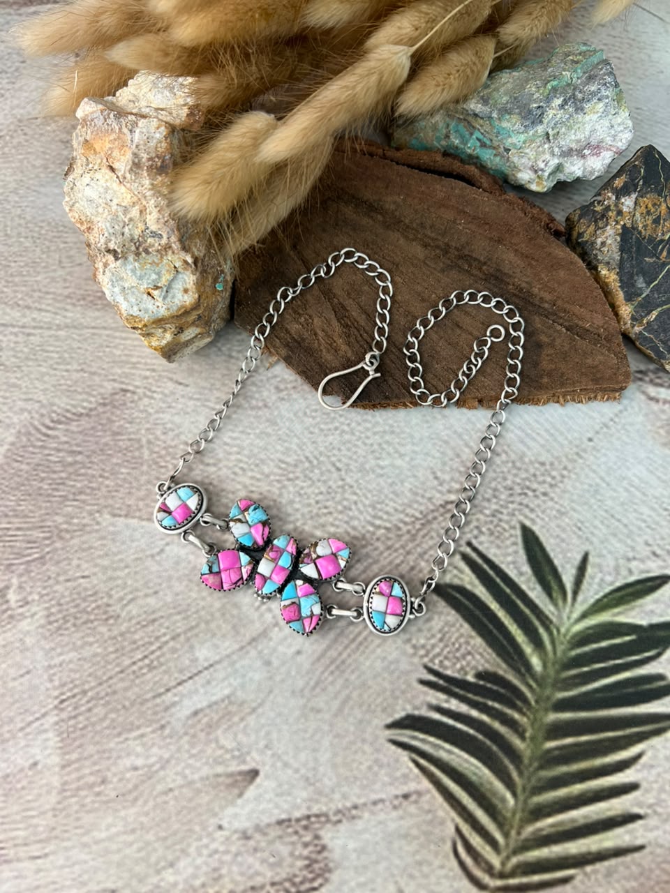 Handmade Sterling Silver Cotton Candy Cobble Stone Butterfly Necklace Signed Nizhoni
