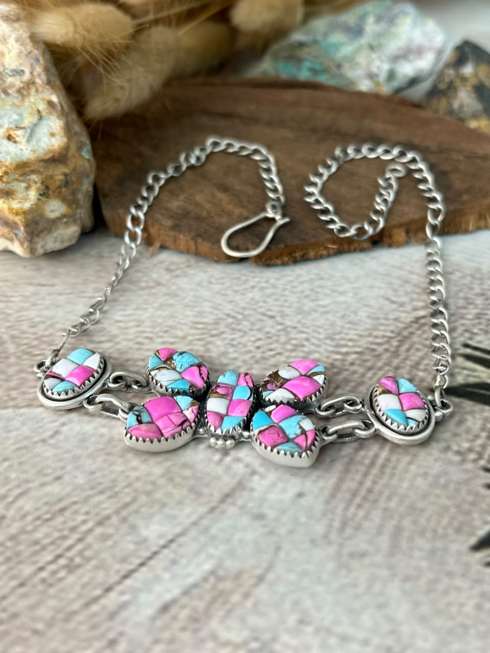 Handmade Sterling Silver Cotton Candy Cobble Stone Butterfly Necklace Signed Nizhoni