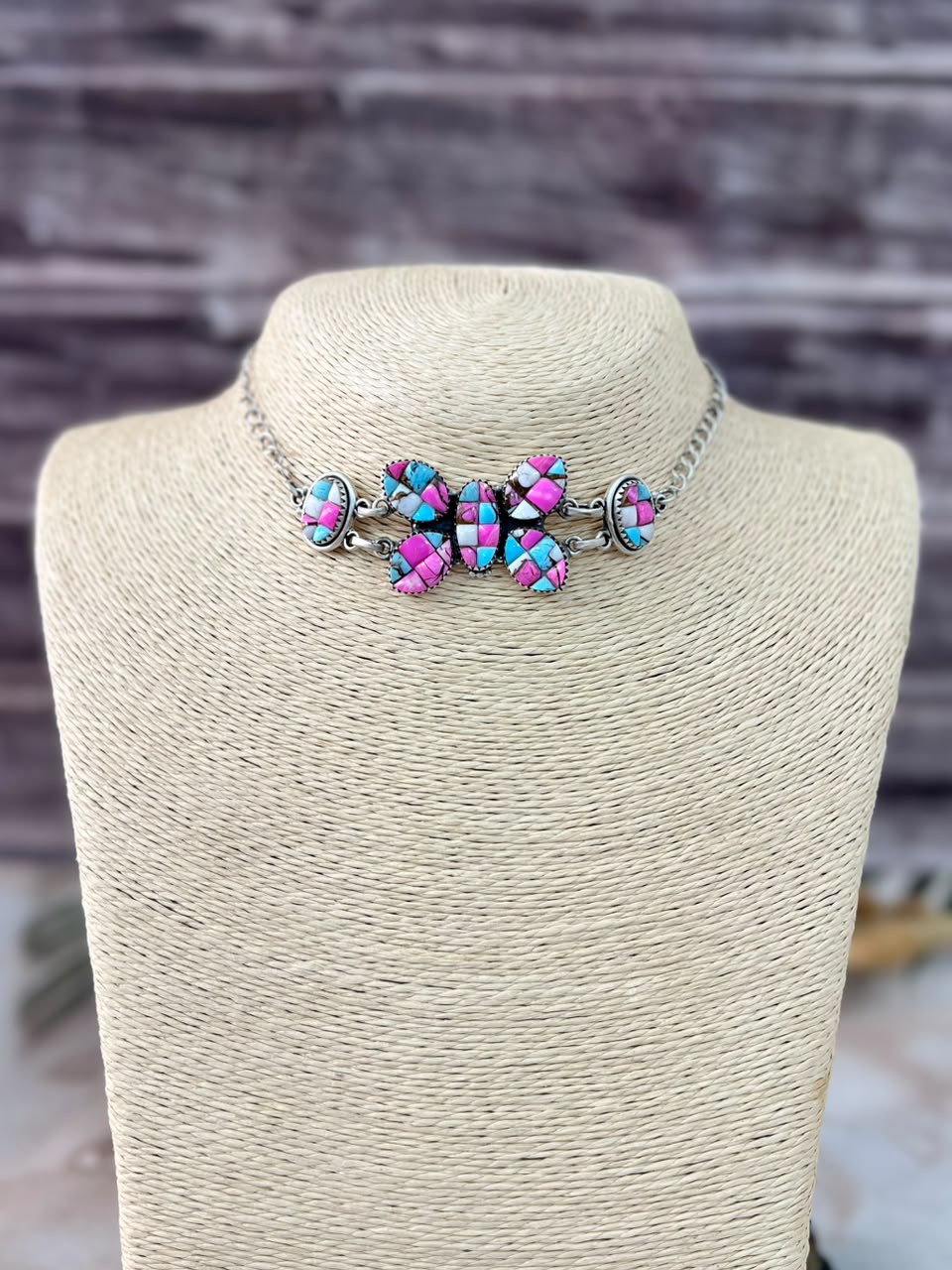 Handmade Sterling Silver Cotton Candy Cobble Stone Butterfly Necklace Signed Nizhoni