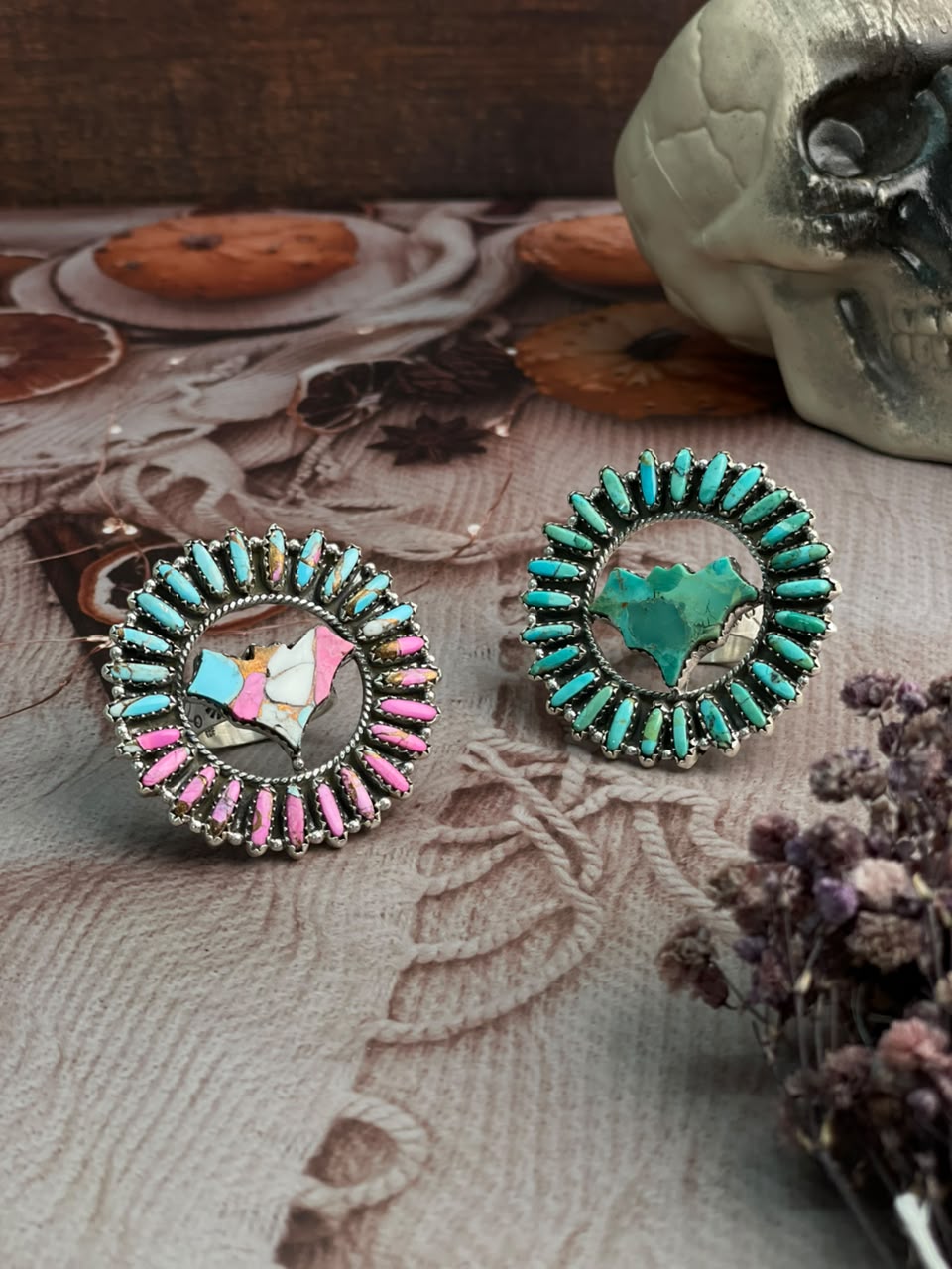 Handmade Sterling Silver Cotton Candy and Kingman Turquoise Halloween Collection: Adjustable Ring Signed Nizhoni