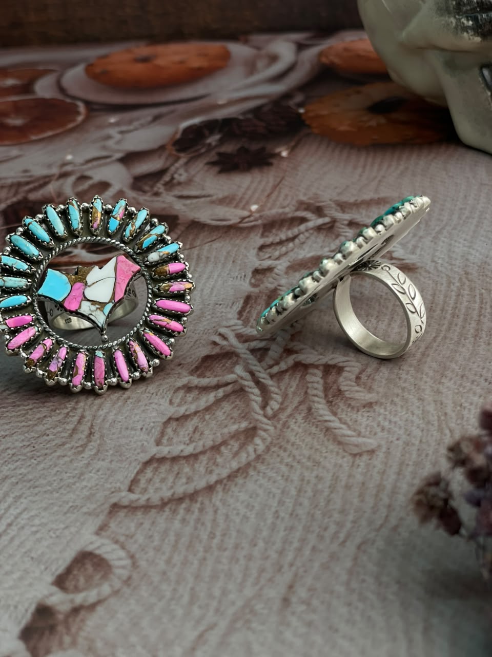 Handmade Sterling Silver Cotton Candy and Kingman Turquoise Halloween Collection: Adjustable Ring Signed Nizhoni